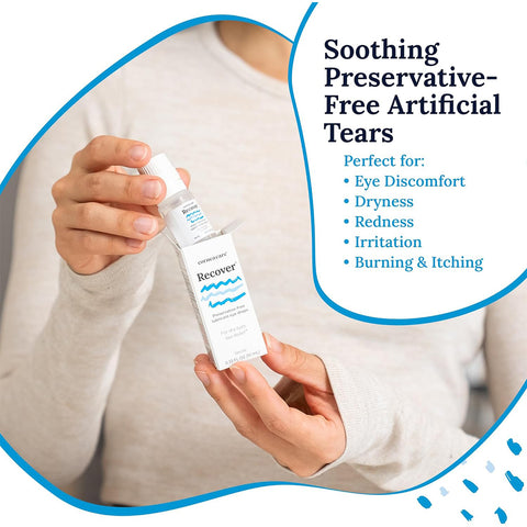 A person in a light sweater holds CorneaCares 10mL multi-dose bottle of Recover Preservative-Free Artificial Tears, offering advanced hydration and soothing relief for eye discomfort, dryness, redness, irritation, burning, and itching—perfect for dry eyes.