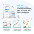 Image of a CorneaCare Recover preservative-free artificial tears box and bottle, spotlighting its effective ingredients: Hyaluronic acid for healing, Polyethylene glycol for moisturizing, and Propylene glycol for rejuvenation—perfect for soothing dry eyes.