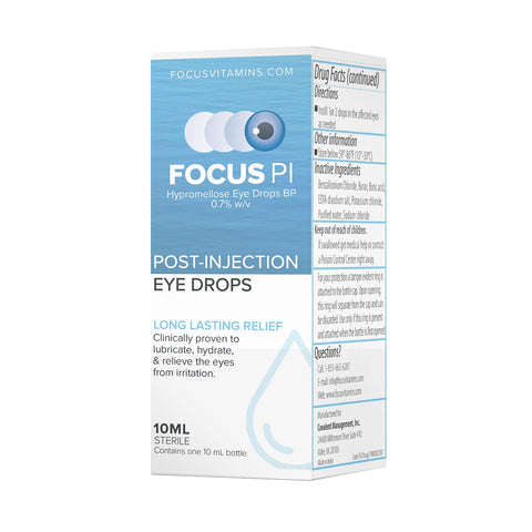 Focus PI Eye Drops (10ml Bottle) by Focus Vitamins offers long-lasting hydration for effective dry eye relief. The white and blue packaging with water droplets emphasizes moisture, providing clear details on benefits, ingredients, and instructions for optimal post-injection care.
