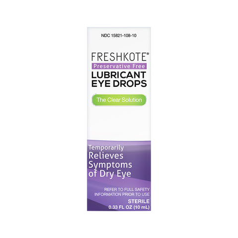 Image of Freshkote (PF) Preservative Free Multidose Eye Drops by Harrow Health. The predominantly white packaging features a purple gradient at the bottom, highlighting its relief for dry eye symptoms with 300 drops of sterile 10 mL solution.