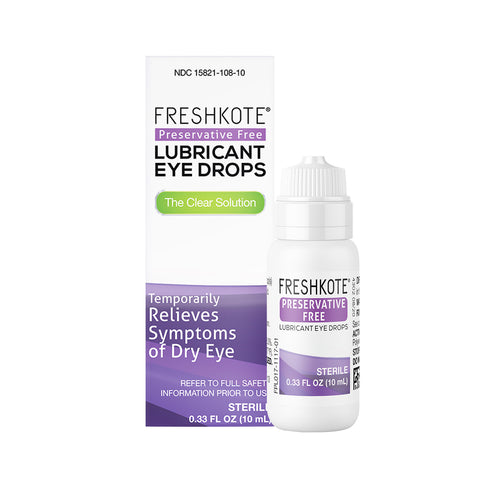 The image features Harrow Healths Freshkote (PF) Preservative Free Multidose Eye Drops, 10mL. The box highlights Preservative Free, The Clear Solution, and relief for dry eye symptoms, with a similarly labeled 10 mL bottle beside it.