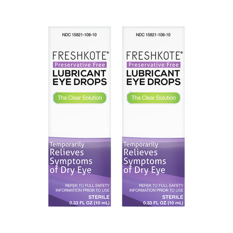 Two boxes of Freshkote Preservative Free Lubricant Eye Drops by Harrow Health, each 0.33 fl oz (10 mL), branded as The Clear Solution, offer temporary relief for dry eyes with every drop.