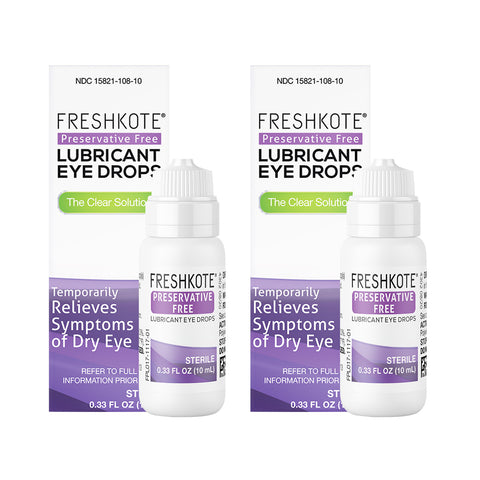 Two 10 mL bottles of Harrow Healths Freshkote PF Lubricant Eye Drops, with purple and green labels, rest side by side against a white background, promising soothing relief from dry eye symptoms.