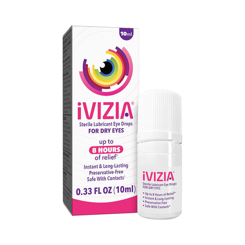 The image shows a 10 ml bottle of Theas iVIZIA Sterile Lubricant Eye Drops next to its packaging, providing up to 8 hours of relief with instant, long-lasting hydration. This preservative-free formula is safe for contact lens wearers, ensuring comfort for dry eyes.