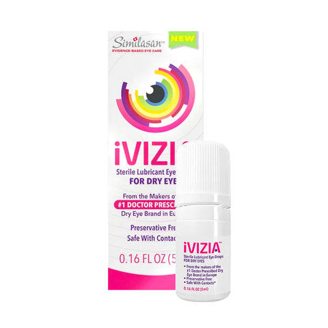 The image features iVIZIA Sterile Lubricant Eye Drops from Thea, ideal for dry eye relief. The vibrant packaging highlights its preservative-free formula, ensuring contact lens safety. Contains 0.17 fl oz (5 ml).