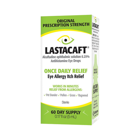 Image of a Lastacaft Once Daily Eye Allergy Itch Relief Drops (5mL 60 Day Bottle) by Abbvie. The green and white package promotes its effective antihistamine solution for fast-acting, long-lasting relief from allergies like pet dander, pollen, grass, and ragweed.