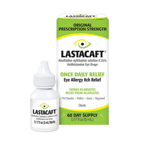 Image of Lastacaft Once Daily Eye Allergy Itch Relief Drops (5mL 60 Day Bottle) by Abbvie, providing original prescription strength for fast-acting, long-lasting relief from eye allergy itch. The box states once daily relief and works in minutes for allergens like pet dander, pollen, and grass.