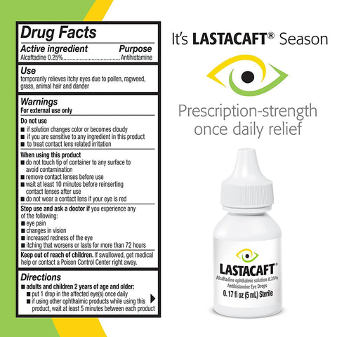 The Lastacaft Once Daily Eye Allergy Itch Relief Drops by Abbvie, in a 5mL 60 day bottle, comes with instructions for use. The ophthalmic solution offers prescription-strength, long-lasting itch relief with Alcaftadine for fast-acting relief. Accompanied by an eye graphic.