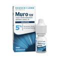 Image of Bausch + Lomb Muro 128 Eye Drops, 5% Solution, 0.5 Fl Oz. This hypertonicity ophthalmic solution offers temporary relief for corneal edema. The packaging features detailed product info and branding.