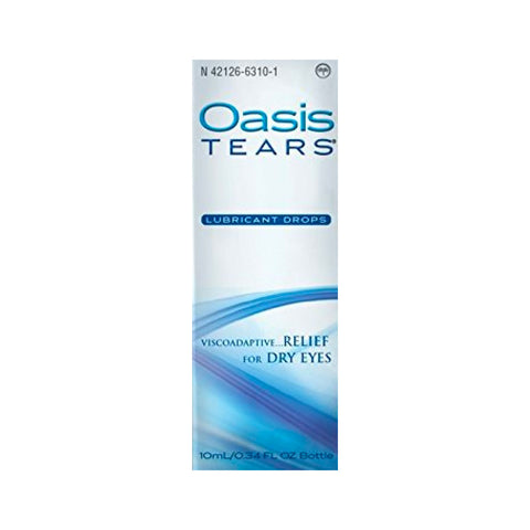 The image shows an Oasis Tears Multidose Bottle of Lubricant Eye Drops by Oasis Medical, featuring a white and blue design. The packaging offers viscoadaptive relief for dry eyes with a convenient 10mL (0.34 fl oz) bottle for optimal relief.
