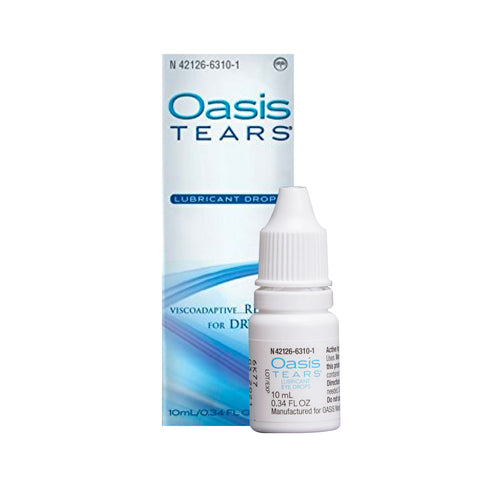 A small white bottle of Oasis Tears Multidose by Oasis Medical is showcased before its packaging, pledging Viscoadaptive Relief for Dry Eyes. The box details the content as 10 mL (0.34 FL OZ), providing effective relief.