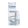 A 10mL bottle of Oasis Tears Preservative-Free Eye Drops by Oasis Medical, containing sodium hyaluronate, is positioned before its box. The packaging highlights its preservative-free formula tailored for dry eye relief.