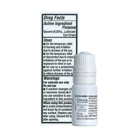A small, 10mL bottle of Oasis Tears Preservative-Free Eye Drops by Oasis Medical offers dry eye relief. The label displays drug facts and a main ingredient of Glycerin (0.25%), with warnings and directions in black text.