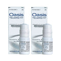 Two bottles of Oasis Tears 2-pack Preservative-Free Eye Drops by Oasis Medical are shown with their boxes. Each bottle provides soothing dry eye relief with sodium hyaluronate and is perfect for those seeking comfort without preservatives.
