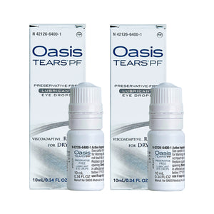 Two bottles of Oasis Tears 2-pack Preservative-Free Eye Drops by Oasis Medical are shown with their boxes. Each bottle provides soothing dry eye relief with sodium hyaluronate and is perfect for those seeking comfort without preservatives.