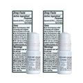 Two small white bottles of Oasis Medicals preservative-free Oasis Tears eye drops are displayed, providing dry eye relief with sodium hyaluronate. Instruction leaflets behind each bottle outline the drug facts, uses, and warnings.