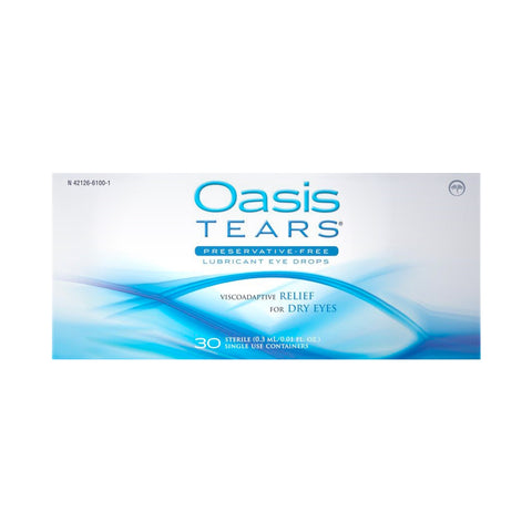 Oasis Tears Preservative-Free Eye Drops by Oasis Medical offers viscoadaptive relief with Sodium Hyaluronate. The 30ct. box contains sterile, single-use vials of 0.3 mL each, featuring a blue and white design for easy identification.