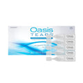 The Oasis Tears Preservative-Free Eye Drops box from Oasis Medical is showcased, emphasizing dry eye relief with sodium hyaluronate. In front are five single-use containers, all branded consistently. The box indicates it contains 30 sterile 0.3 mL single-use containers.