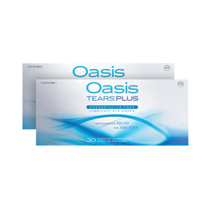 Two boxes of Oasis Medicals Oasis Tears Plus Lubricant Eye Drops, each containing 60 preservative-free sterile vials, designed for severe dry eye relief with Viscoadaptive Relief for Dry Eyes showcased in blue and white packaging featuring sodium hyaluronate.