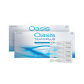 The image shows two boxes of Oasis Tears Plus Lubricant Eye Drops by Oasis Medical, each box containing 30 sterile vials for severe dry eye relief. The packaging is white with blue accents, prominently displaying the product name. Five individual vials are placed in front.