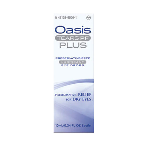 Image of a white box for Oasis Tears Plus Preservative-Free Eye Drops by Oasis Medical, featuring sodium hyaluronate. Text highlights viscoadaptive relief for severe dry eye symptoms with a 10ml (0.34 fl oz) multi-drop bottle.