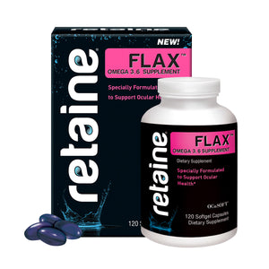 The OCuSOFT Retaine Flax Omega Eye Supplement is showcased with a black box displaying Omega 3, 6 Supplement in pink text for eye health. A white bottle labeled Plant-Based Omega-3 & Omega-6 is positioned in front, accompanied by three softgel capsules.