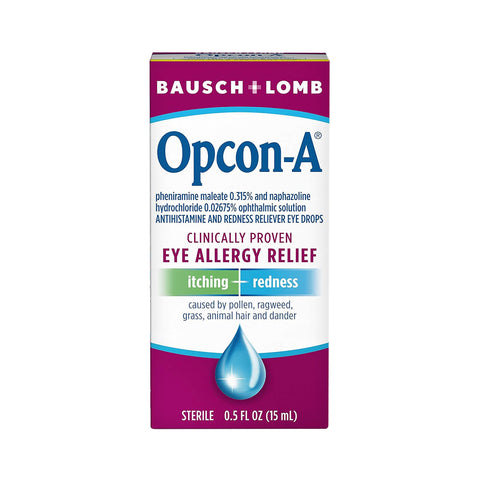 Image of Bausch & Lomb Opcon-A Eye Drops for Allergy Relief (15mL) box highlighting its effectiveness in relieving redness and alleviating eye allergies like itching from pollen, ragweed, grass, animal hair, and dander. Contains 0.5 fl oz (15 ml).