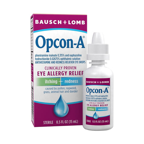 Image of Bausch & Lomb Opcon-A Eye Drops for Allergy Relief (15mL) showing the box and bottle. The packaging emphasizes its effectiveness in relieving redness, itching, and irritation from allergens. Bottle size: 0.5 fl oz (15 ml).