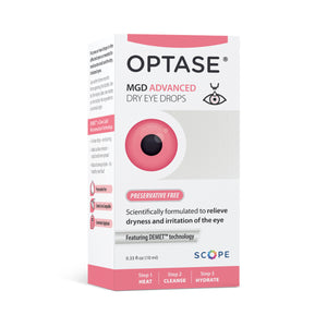 Optase MGD Advanced Eye Drops, 0.33 fl oz (10 ml), for Meibomian Gland Dysfunction, features DEMET technology and the steps: Heat, Cleanse, Hydrate. Packaging is white with pink and black text and labeled Preservative Free. Brand: Optase. 2-month supply (300 drops).