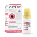 Image of Optase MGD Advanced Eye Drops box with a small white bottle with a yellow cap, highlighting its preservative-free formula to relieve dryness and irritation from Meibomian Gland Dysfunction. Contains 300 drops for a 2-month supply.