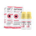 Two boxes and two yellow-capped bottles of Optase MGD 2-pack Advanced Eye Drops, designed for Meibomian Gland Dysfunction, feature a white and red palette with a pink circle. This preservative-free product offers a 3+ month supply (600 drops).