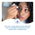 A woman applies Optase MGD Advanced Eye Drops (preservative-free) to ease dry eyes caused by Meibomian Gland Dysfunction, with instructions below: Use 1-2 drops in affected eyes as needed.