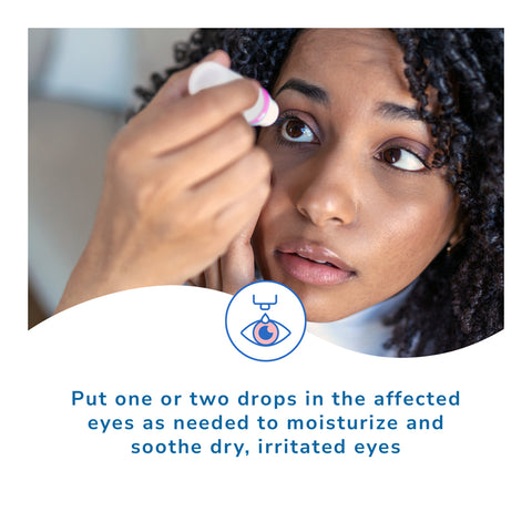 A woman applies Optase MGD Advanced Eye Drops (preservative-free) to ease dry eyes caused by Meibomian Gland Dysfunction, with instructions below: Use 1-2 drops in affected eyes as needed.