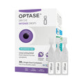 Optase Intense Eye Drops packaging displays illustrations of 30 single-dose vials, emphasizing a Preservative Free formula. Glycerin-based drops offer relief for dry eye symptoms, with three vial samples prominently shown on the front.