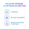 Gradient headline: Relieves Intense Dry Eye Symptoms. Features icons of an eye with lines for Irritations, an arrow-marked eye for Dry Eye Discomfort, and a flame for Burning Sensation. Powered by glycerin-based OPTASE Intense Eye Drops, preservative-free 30ct. vials from Optase.