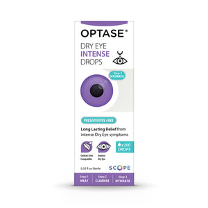 The image shows a box of Optase Intense Preservative Free Eye Drops (10mL) 300 drops. Highlighted by a purple circle, it emphasizes the preservative-free formula as perfect for moderate to severe dry eye relief. Suggested use steps are heat, cleanse, and hydrate.