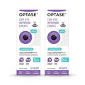 Two boxes of Optase Intense Eye Drops with a purple eye graphic, glycerin-based and preservative-free, offer long-lasting relief for dry eyes. Each box delivers around 300 soothing comfort drops.
