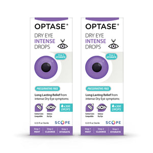 Two boxes of Optase Intense Eye Drops with a purple eye graphic, glycerin-based and preservative-free, offer long-lasting relief for dry eyes. Each box delivers around 300 soothing comfort drops.
