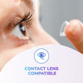 A close-up of someone using a contact lens features an eye icon and the text Optase Intense for Dry Eye Relief in blue and purple, highlighted by a soft gradient background.