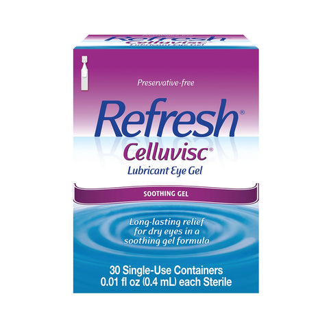 The image displays a box of Refresh Celluvisc Lubricant Eye Drops by Abbvie. These preservative-free vials provide extra-strength moisturizing and long-lasting relief for dry eyes with a soothing gel formula, containing 30 single-use containers, each 0.01 fl oz (0.4 mL) sterile.