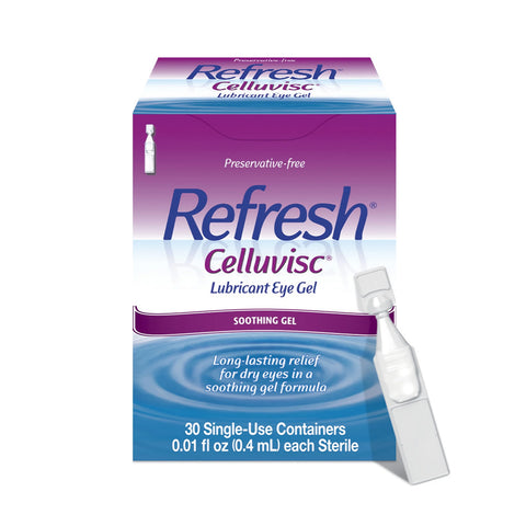 Box of Refresh Celluvisc Lubricant Eye Drops by Abbvie contains 30 preservative-free vials. The package is purple and white with water ripple graphics and features extra-strength moisturizing for long-lasting dry eye relief.