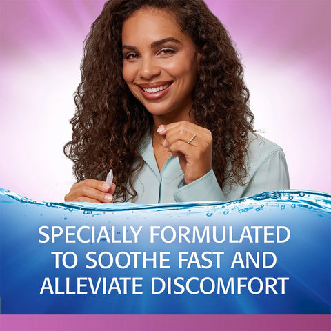 A smiling person with curly hair holds a Refresh Celluvisc Lubricant Eye Drops vial by Abbvie. The background is a pink and white gradient, and wavy blue lines below read: Specially formulated to soothe fast and alleviate discomfort.