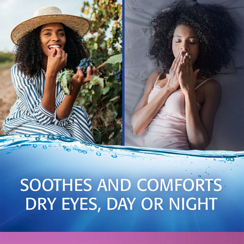 Split image: Left, a woman in a striped dress and sun hat enjoying grapes in a vineyard. Right, she lies in bed peacefully with closed eyes. Text: Refresh Celluvisc Lubricant Eye Drops by Abbvie – enjoy soothing comfort for dry eyes with preservative-free protection, day or night.