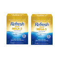 Two boxes of Refresh Optive Lubricant Eye Drops, Mega-3 by Abbvie offer preservative-free, moisture-rich relief for Meibomian Gland Dysfunction with lipid-enhanced comfort. Each box contains 30 vials.