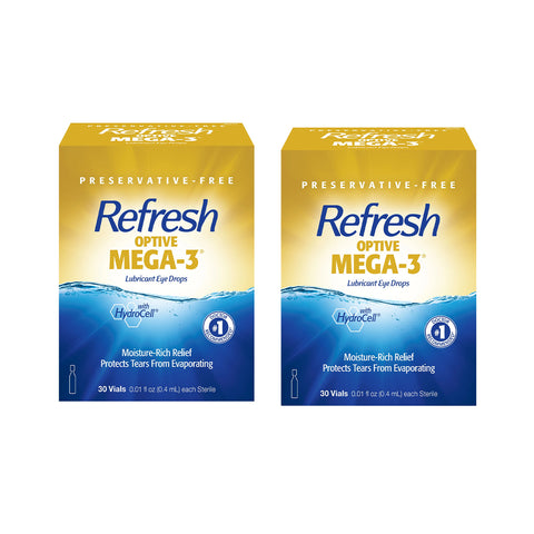 Two boxes of Refresh Optive Lubricant Eye Drops, Mega-3 by Abbvie offer preservative-free, moisture-rich relief for Meibomian Gland Dysfunction with lipid-enhanced comfort. Each box contains 30 vials.