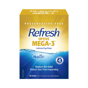 Packaging for Abbvies Refresh Optive MEGA-3 preservative-free eye drops showcases its lipid-enhanced relief and moisture-rich comfort, ideal for Meibomian Gland Dysfunction. Each yellow and blue box contains 30 single-use 0.4 mL vials.