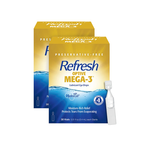 Two boxes of Refresh Optive Mega-3 lubricant eye drops by Abbvie, featuring yellow packaging with blue water imagery and text Preservative-Free and Lipid-Enhanced Relief for Meibomian Gland Dysfunction, are displayed. Each box contains 30 vials, totaling 60 in the pack.