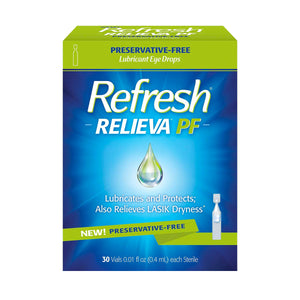 Abbvies Refresh Relieva Preservative-Free Lubricant Eye Drops offer lubrication and protection, relieving LASIK dry eyes. Packaged in a green and blue box with a droplet graphic, it includes 30 single-use vials of 0.01 fl oz each.