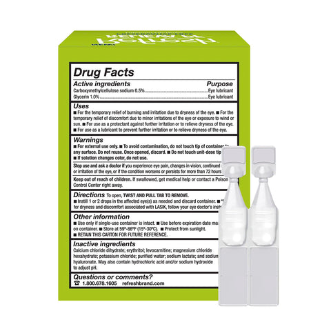 Abbvies Refresh Relieva Preservative-Free Lubricant Eye Drops (30 single-use vials) come in a light green box with drug facts, ingredients, uses, warnings, and directions listed on the back. Its a soothing solution for dry eyes.