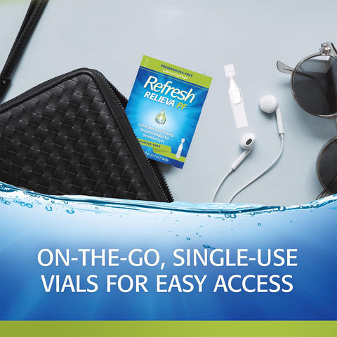 A Refresh Relieva Preservative-Free Lubricant Eye Drops packet by Abbvie sits on a gray table next to white earphones, sunglasses, and a black wallet. The text reads, On-the-go single-use vials for easy relief from dry eyes with preservative-free care.